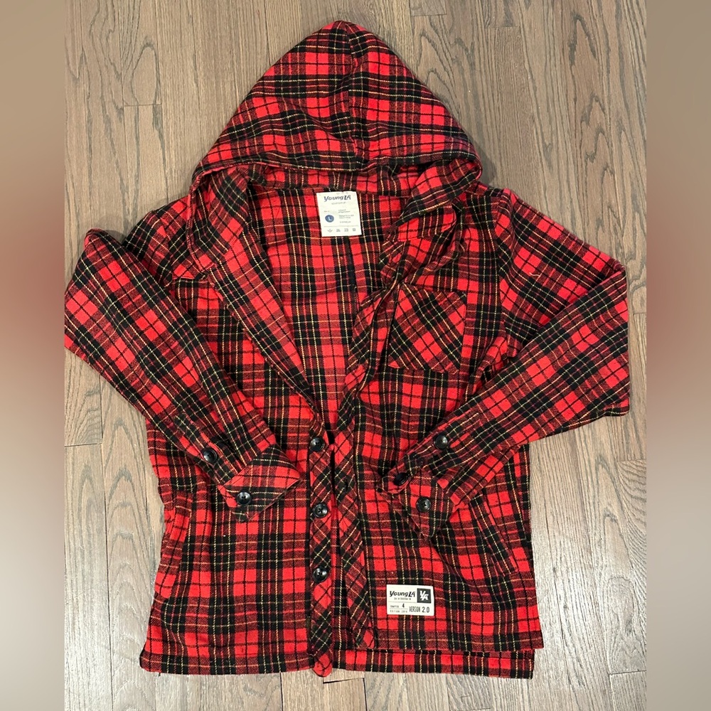 YoungLA Red and Black Plaid flannel Hooded button up jacket with pockets